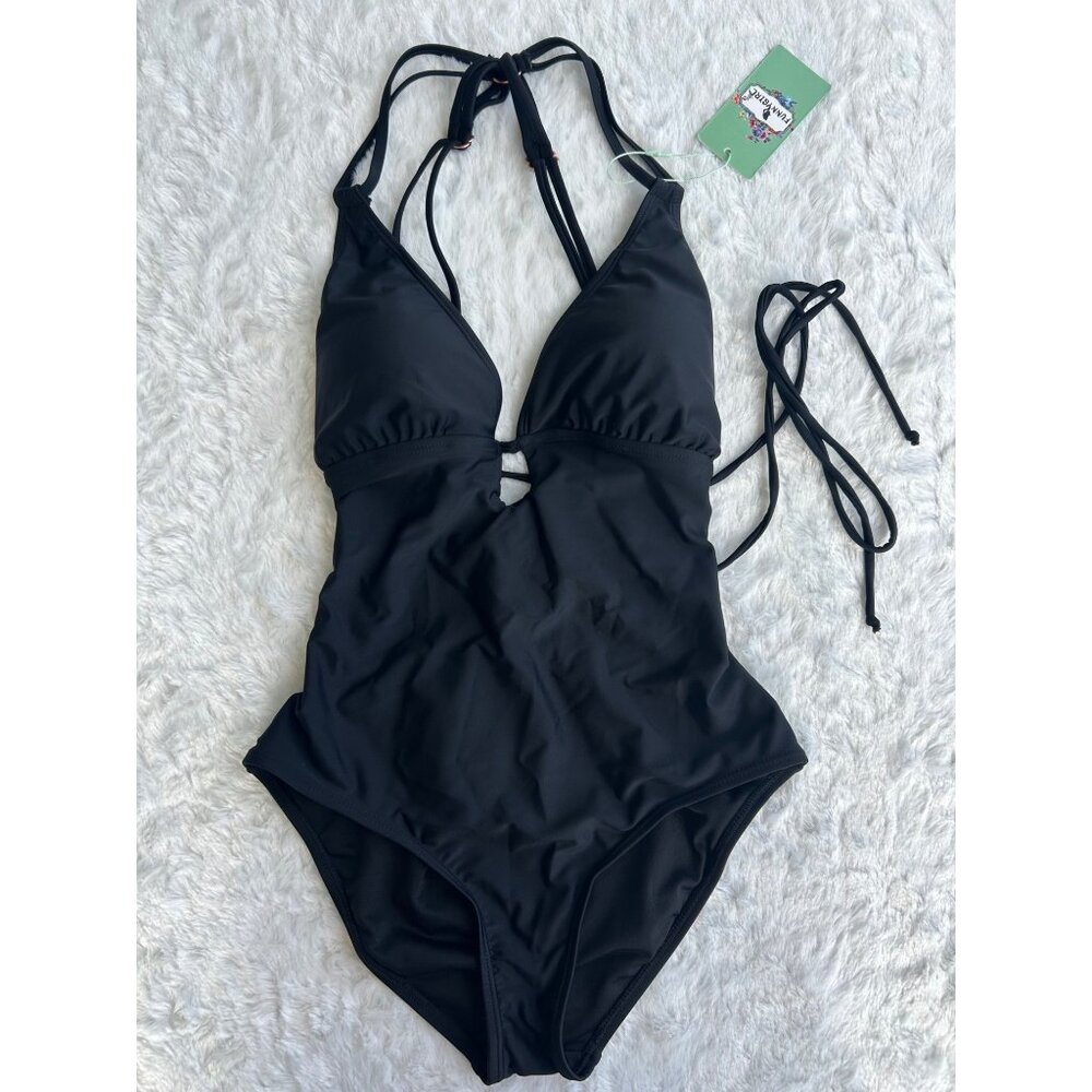 NWT Black One Piece Swimsuit Sexy Lace Up Back Strappy - Small